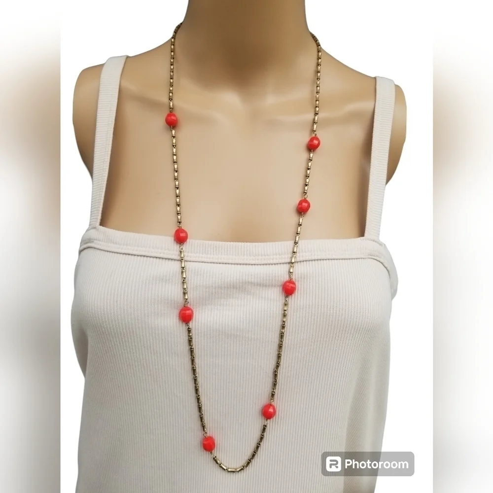 J.CREW LONG MATTE GOLDTONE CYLINDER BEAD & RED BEAD CHAIN NECKLACE